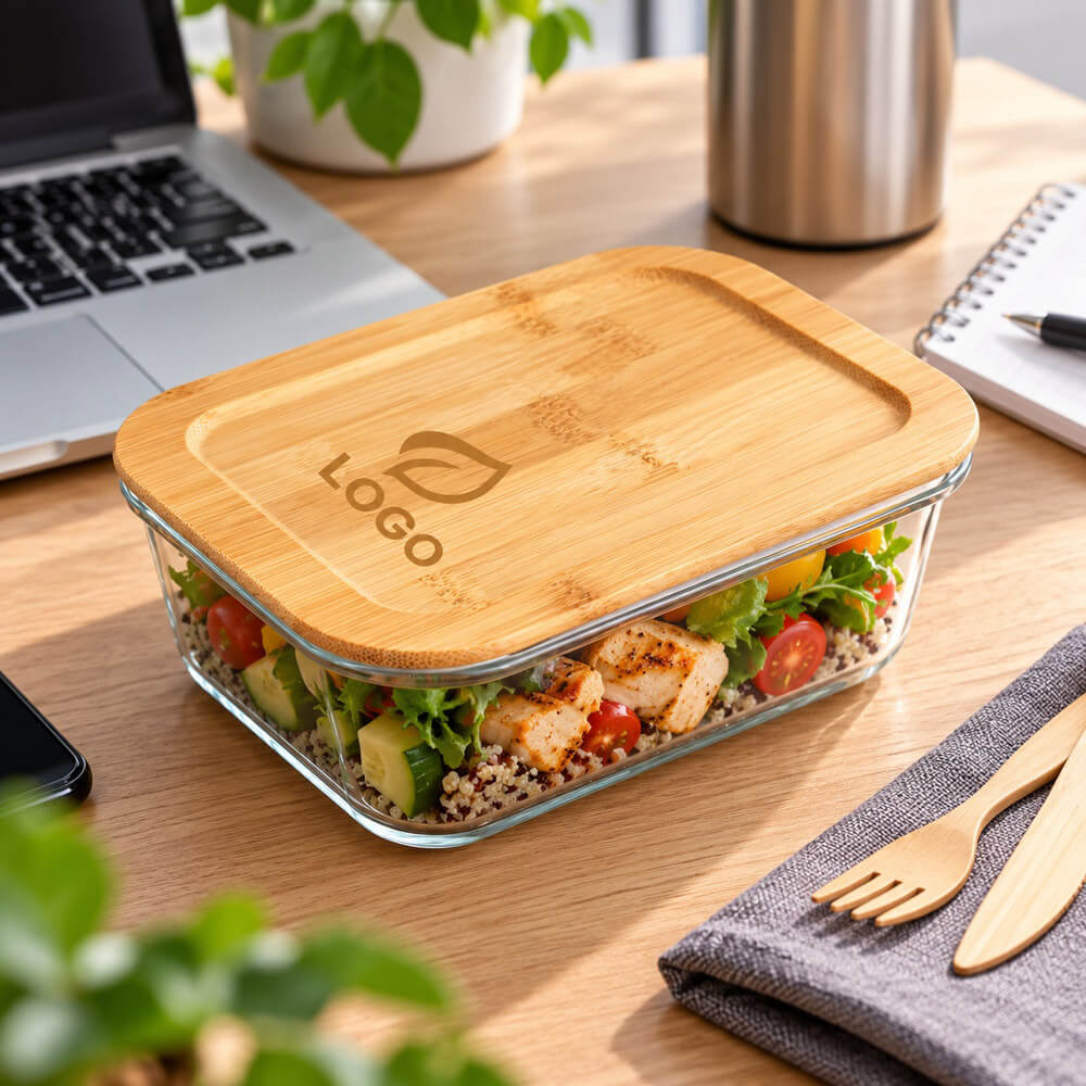 Lunch box en verre avec couvercle en bambou ambiance logo
