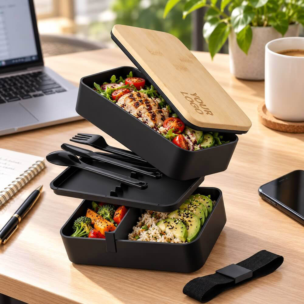 Lunch box double compartiment avec couverts et couvercle en bambou ambiance logo