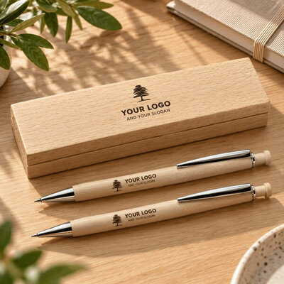 Parure stylo bille et porte-mine en bois ambiance logo