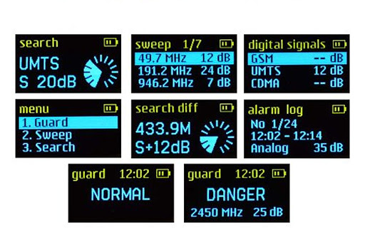 Beispiele der Messanzeigen des Signaldetektors Raksa iDet