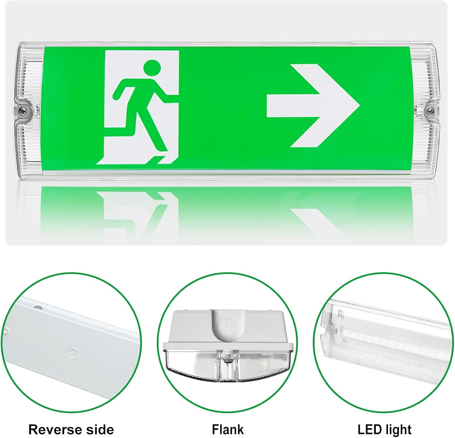 Notausgangsschild mit LED-Licht in Front- und Seitenansicht