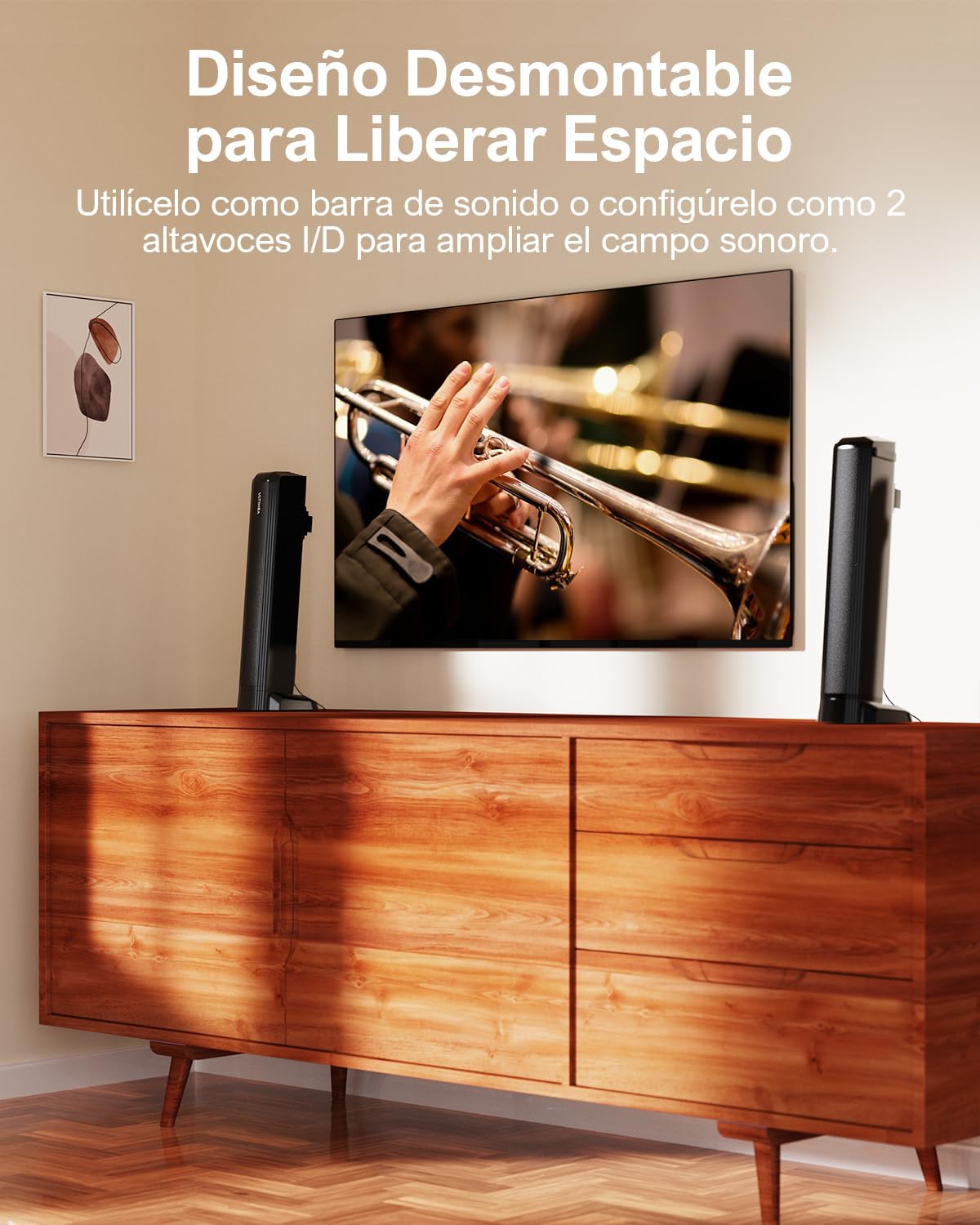 Getrennte Soundbar-Lautsprecher neben dem TV-Bildschirm