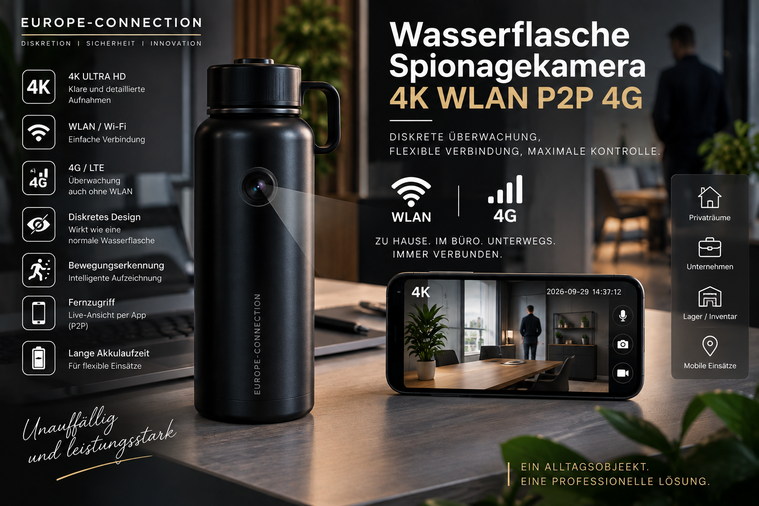 Wasserflasche Spionagekamera 4K WLAN P2P 4G: Produktvorstellung