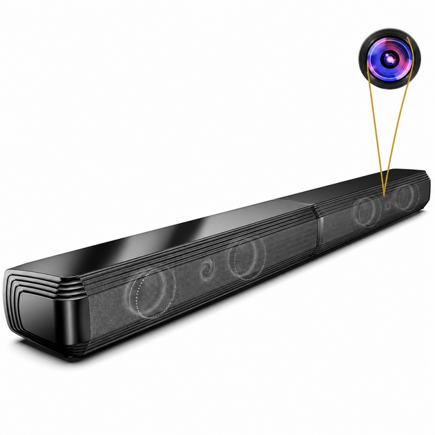 TV-Soundbar mit Miniaturkamera hinter dem rechten Lautsprechergitter
