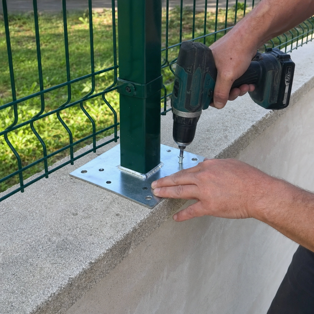 pose de platines metalliques vissees sur le dessus d un muret pour grillage