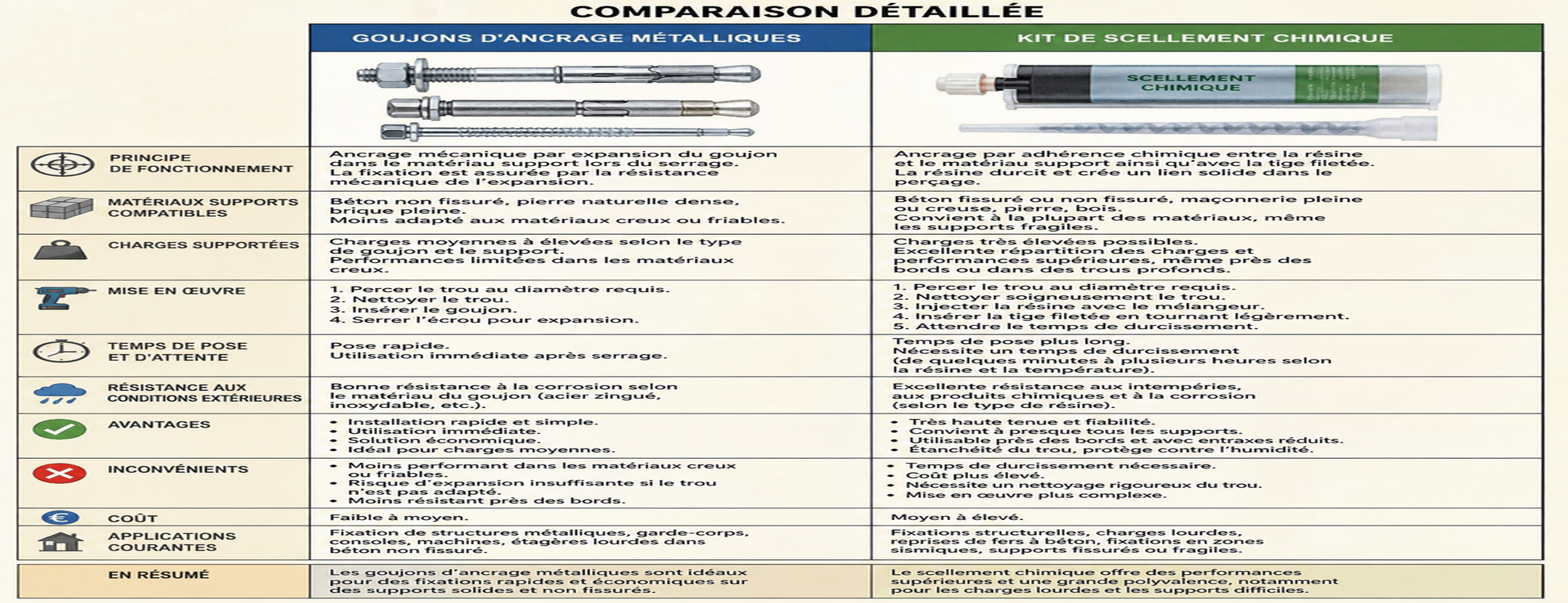 comparaison detaillee entre des goujons d ancrage metalliques et un kit de scellement chimique