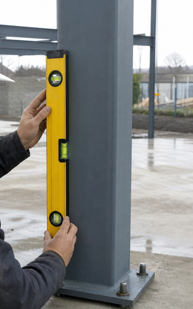 controle de l aplomb vertical d un poteau metallique avec un niveau a bulle professionnel