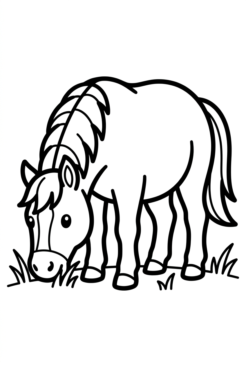 Cheval qui mange de l’herbe dans un champ