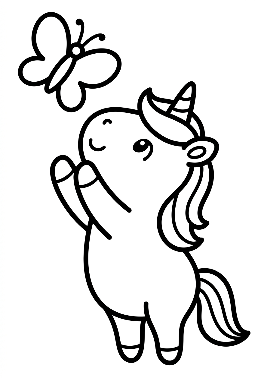 bébé licorne essayant d’attraper un papillon