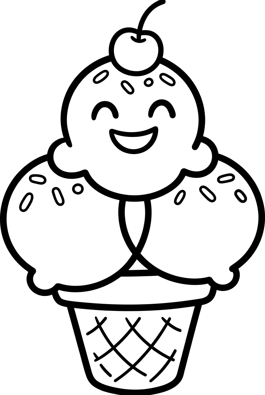 Glace kawaii avec trois boules et un visage joyeux