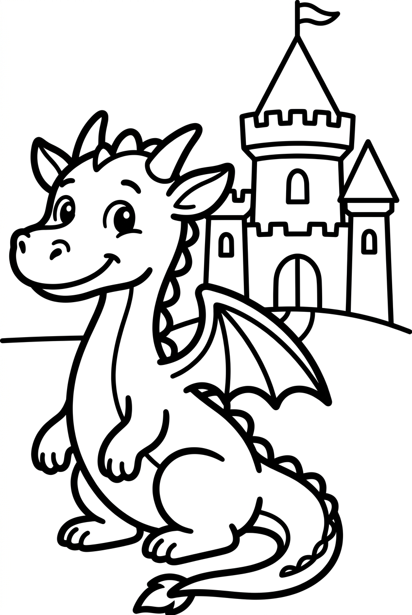 dragon assis devant un château