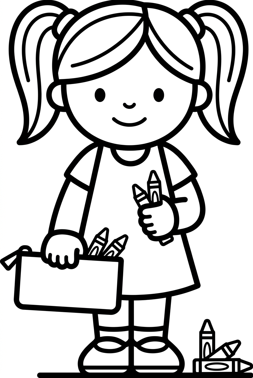petite fille avec trousse et crayons