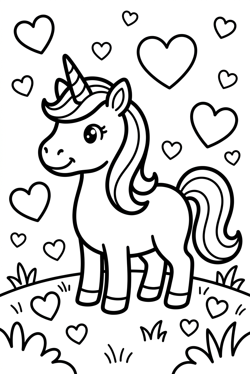 Licorne dans un champ avec des cœurs