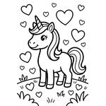 Licorne dans un champ avec des cœurs