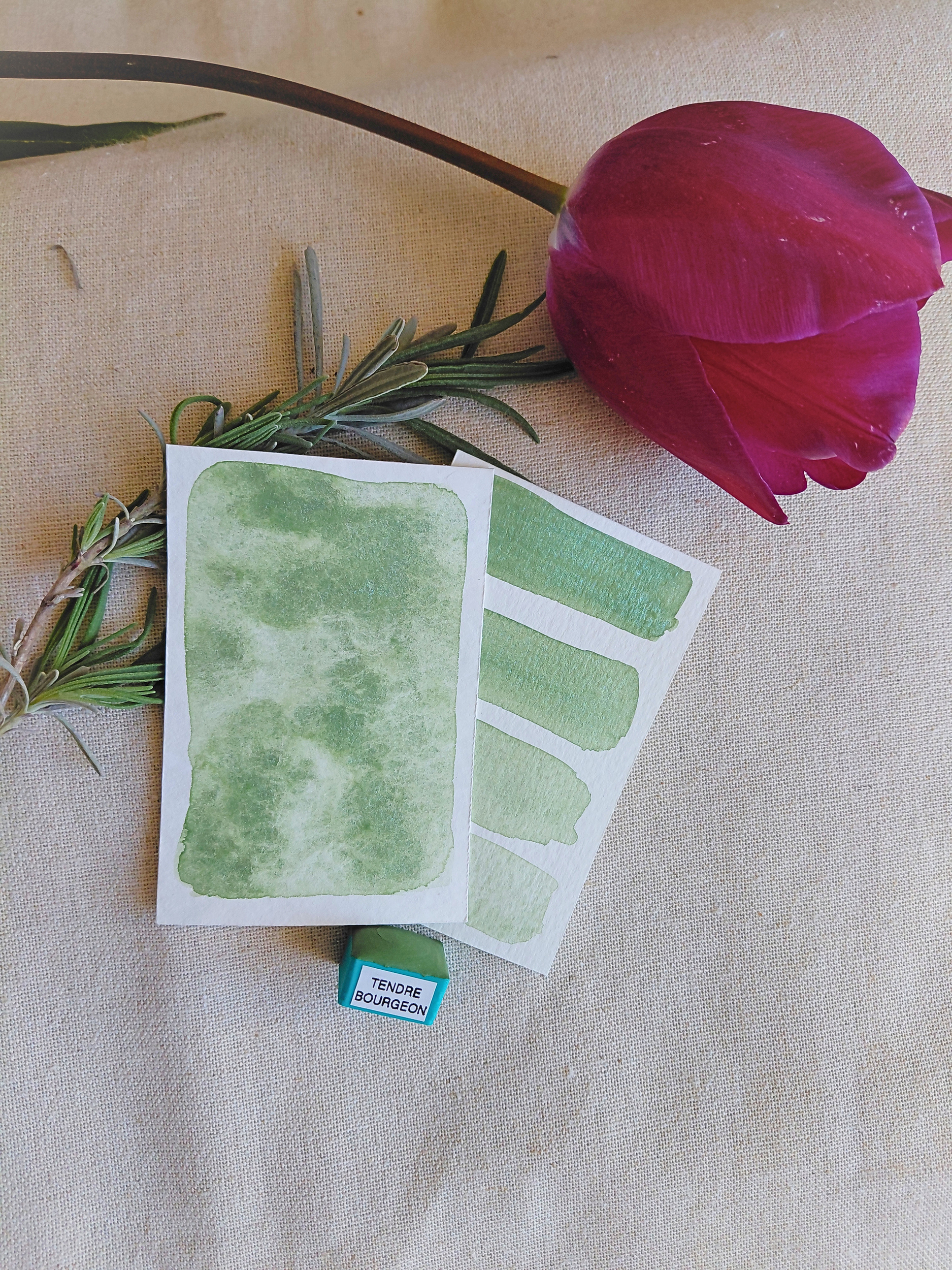 TENDRE BOURGEON – aquarelle artisanale vert scintillant