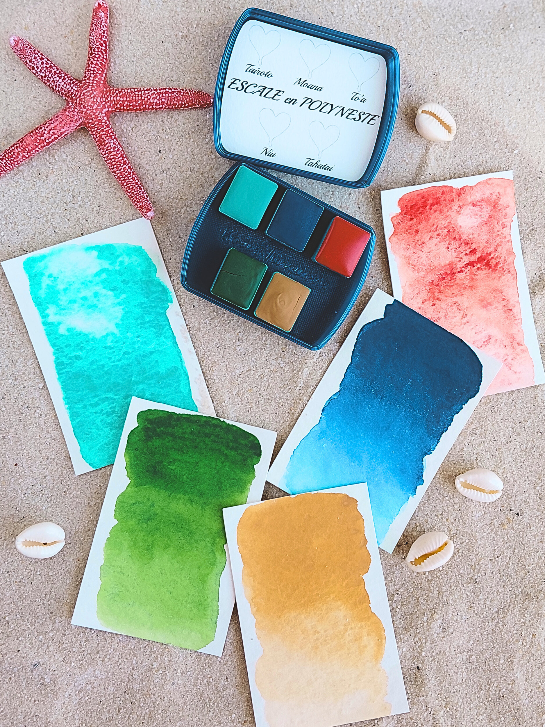 ESCALE EN POLYNÉSIE – set de 5 aquarelles artisanales dans son écrin