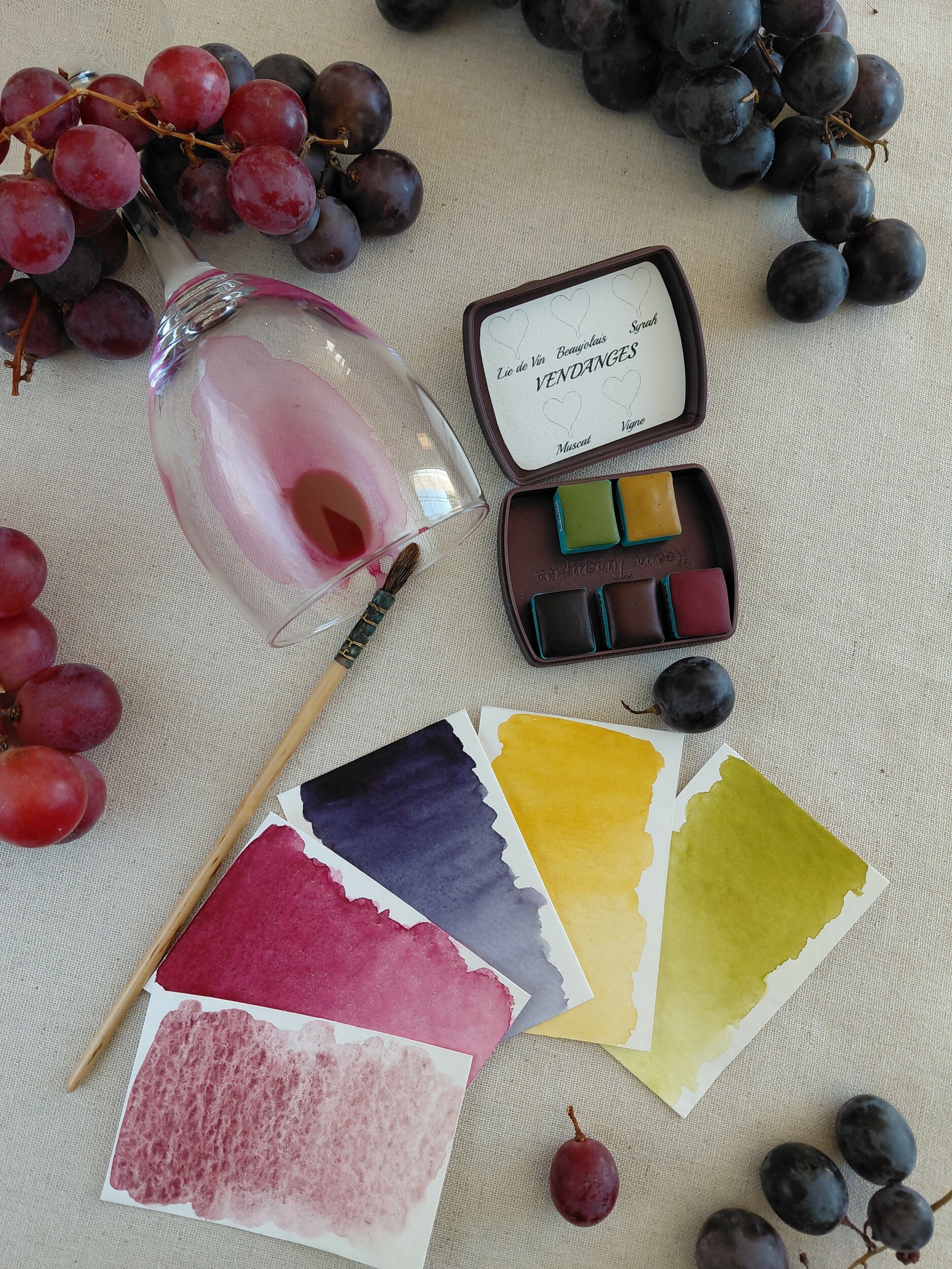 vendanges set de 5 aquarelles artisanales avec ecrin et nuancier