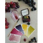 VENDANGES –AURORE – aquarelle artisanale ocre jaune avec pinceaux et nuancier présentation du set de 5 aquarelles artisanales