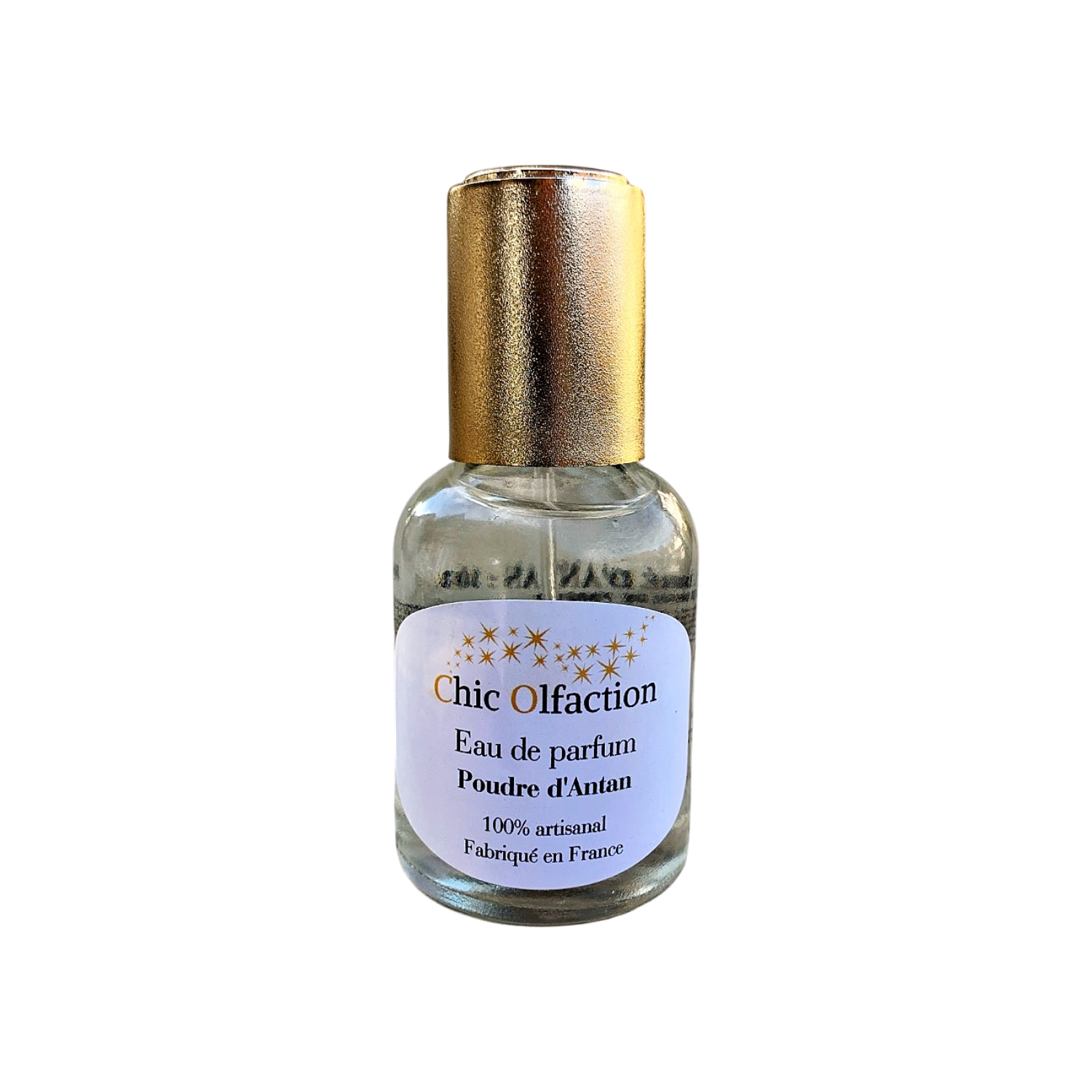 flacon deau de parfum de la marque chic olfaction sur fond blanc portant le nom de poudré dantan de la famille olfactive fleurie poudré