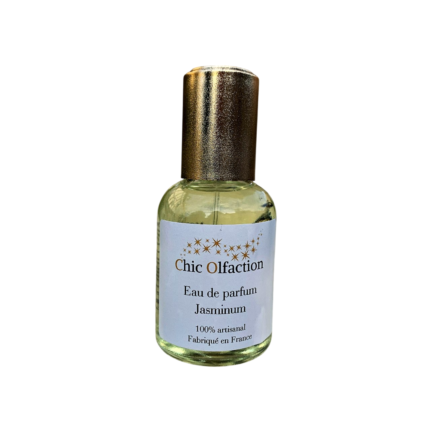 flacon deau de parfum de la marque chic olfaction sur fond blanc portant le nom de Jasminum à base de jasmin sambac