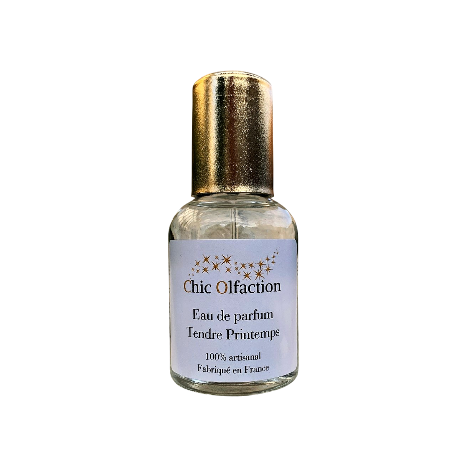 flacon deau de parfum de la marque chic olfaction sur fond blanc portant le nom de tendre printemps de la famille olfactive fleurie frais