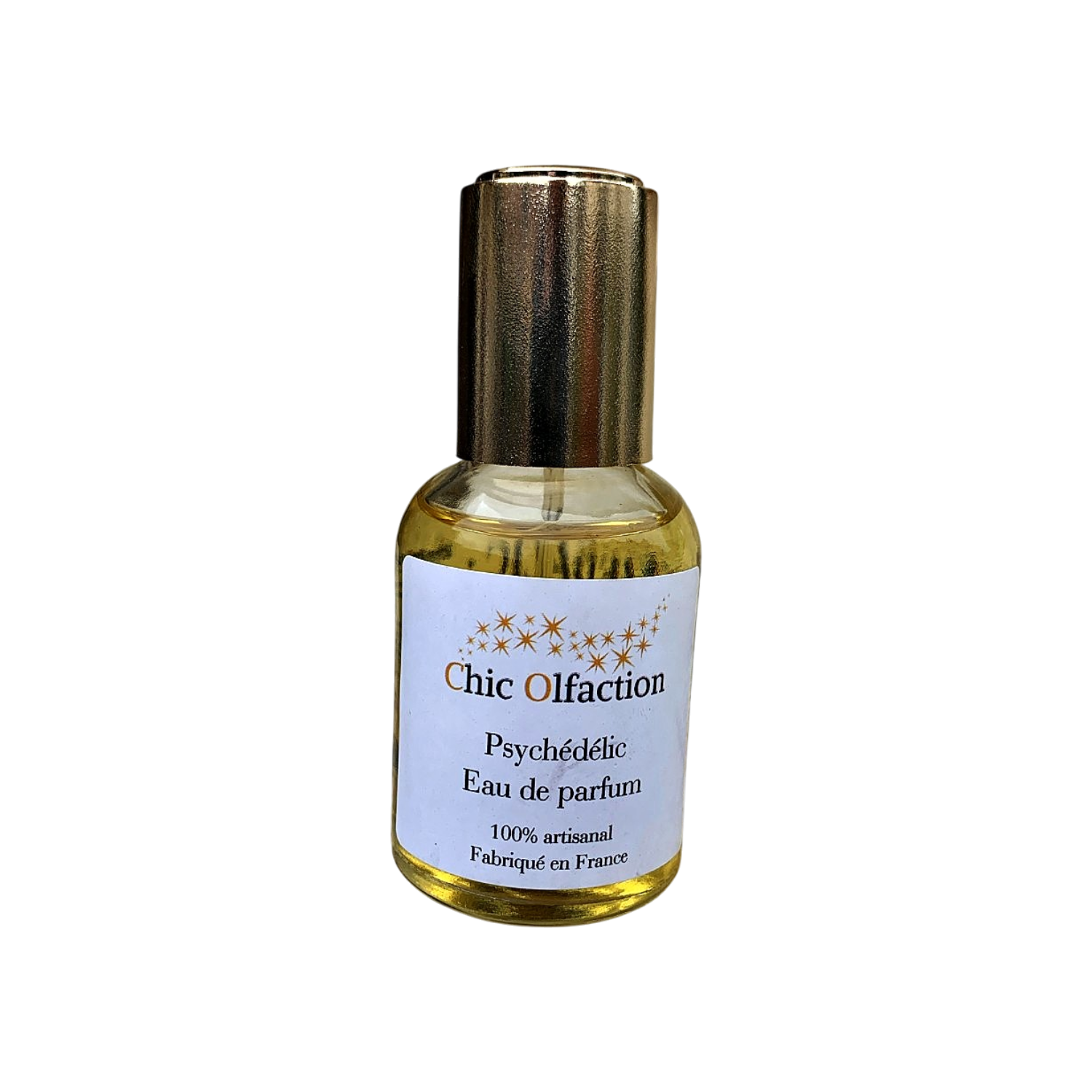 50 ml flacon de parfum au patchouli de la marque chic olfaction en forme de vaporisateur tube avec un bouchon or portant le nom de psychédélique sur fond blanc