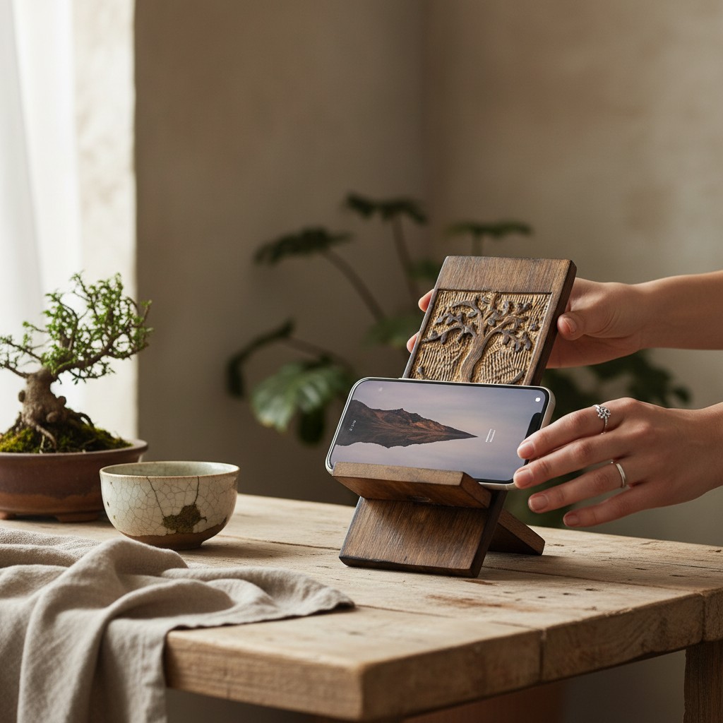 support-telephone-bois-sculté-arbre-de-vie-bois-artisanat-naturel-wabi-sabi-home-and-style-décoration