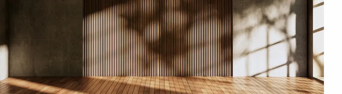 Mur en lattes de bois et lumière douce, esthétique wabi-sabi