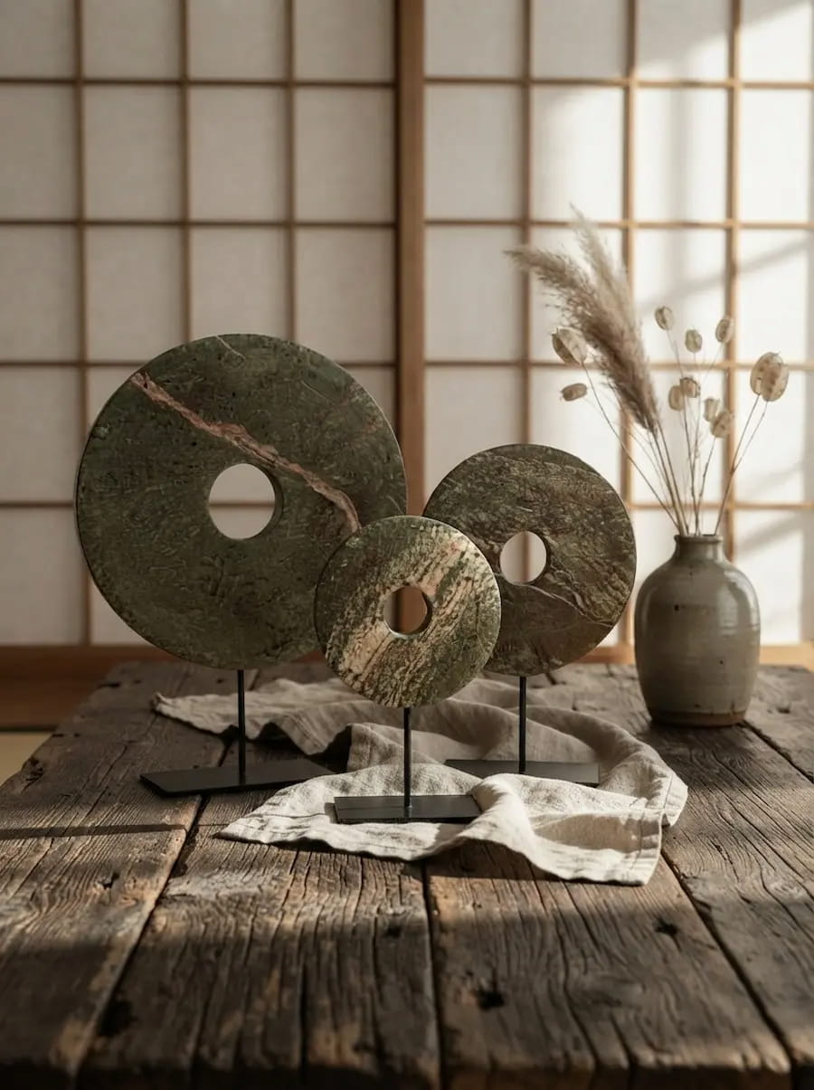 Disques bi en pierre de jade posés dans un intérieur zen, collection Art décoratif