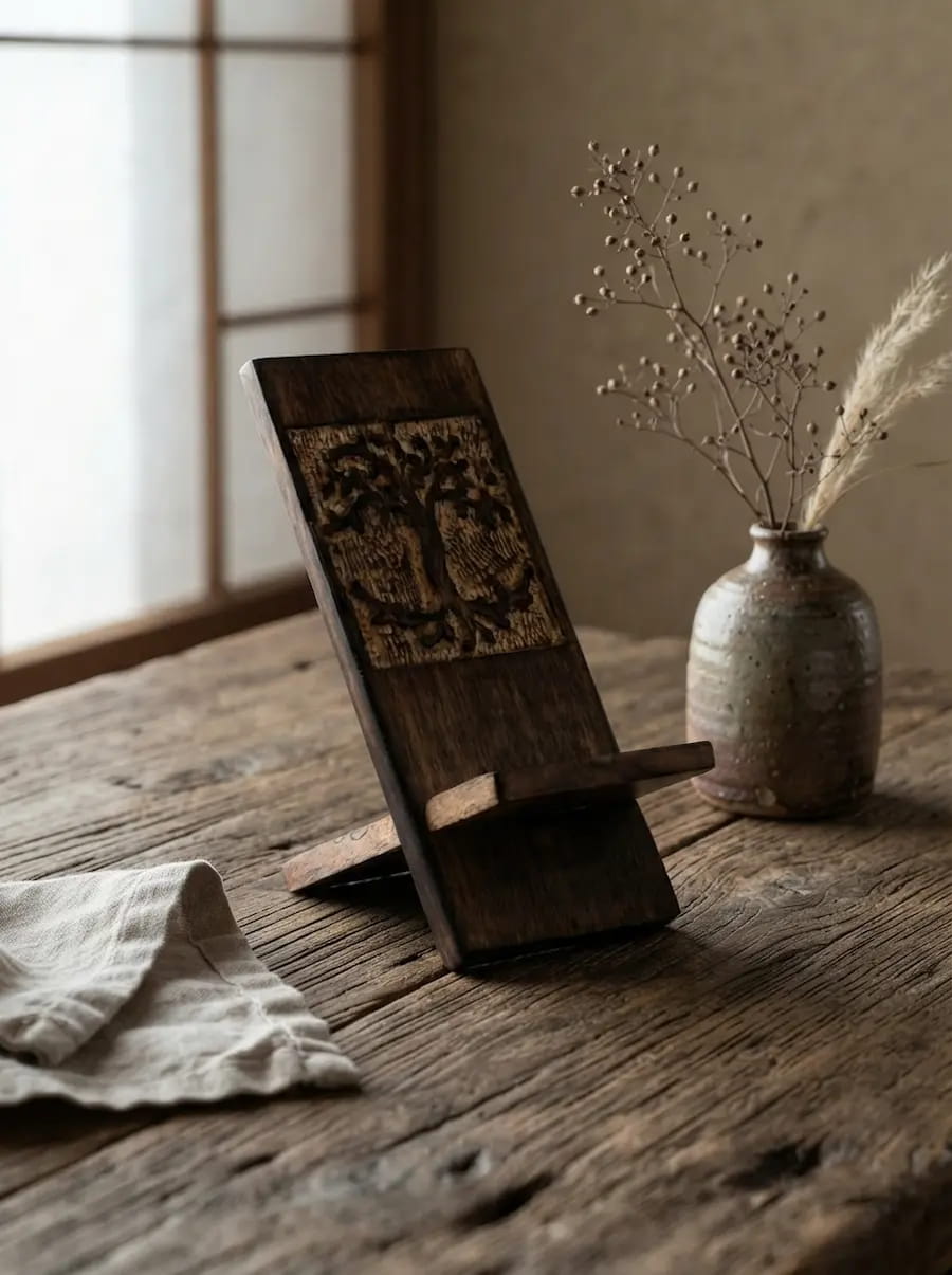 Porte-téléphone en bois sculpté arbre de vie, collection Art de vivre
