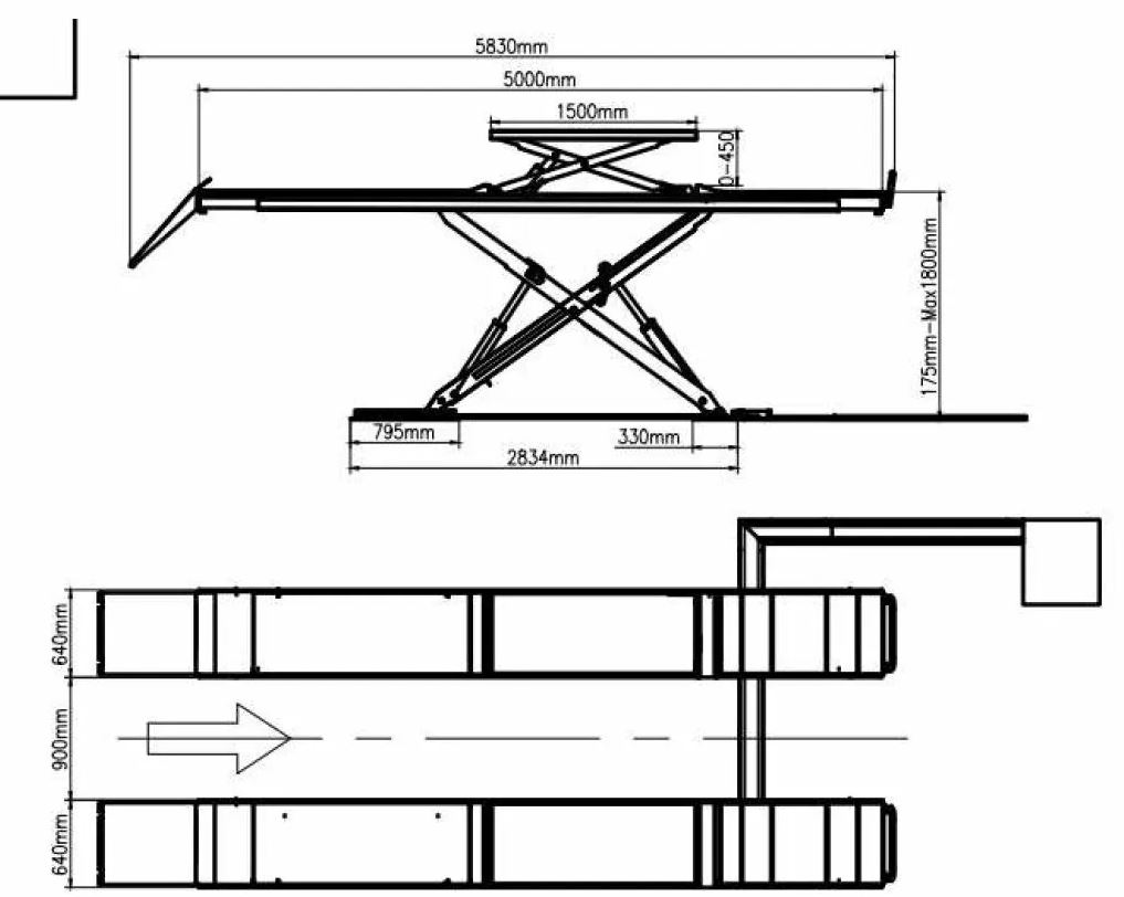 dimensions pont elevateur ciseaux avec levage auxiliaire