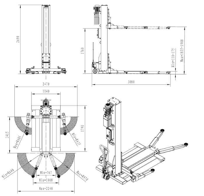 dimensions détaillés pont 1 colonne mobile