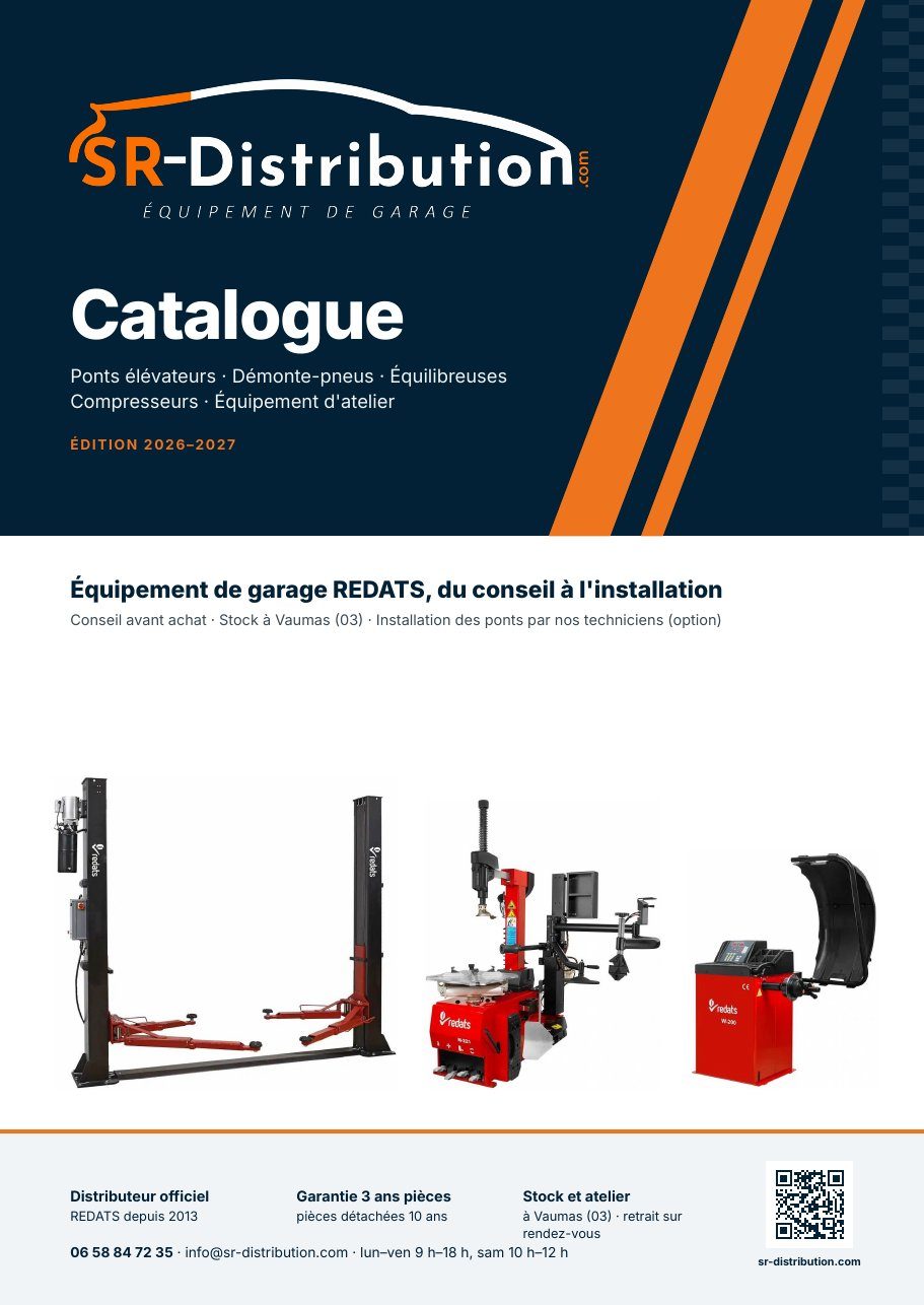 Couverture du catalogue SR-Distribution 2026-2027, équipement de garage REDATS