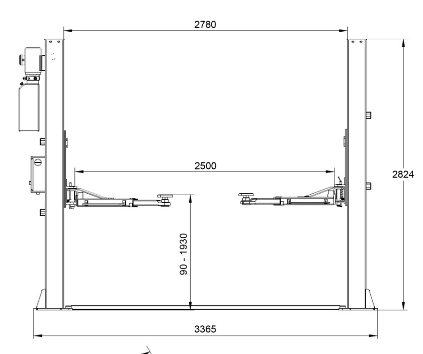 Dimensions du pont élévateur REDATS vue latérale