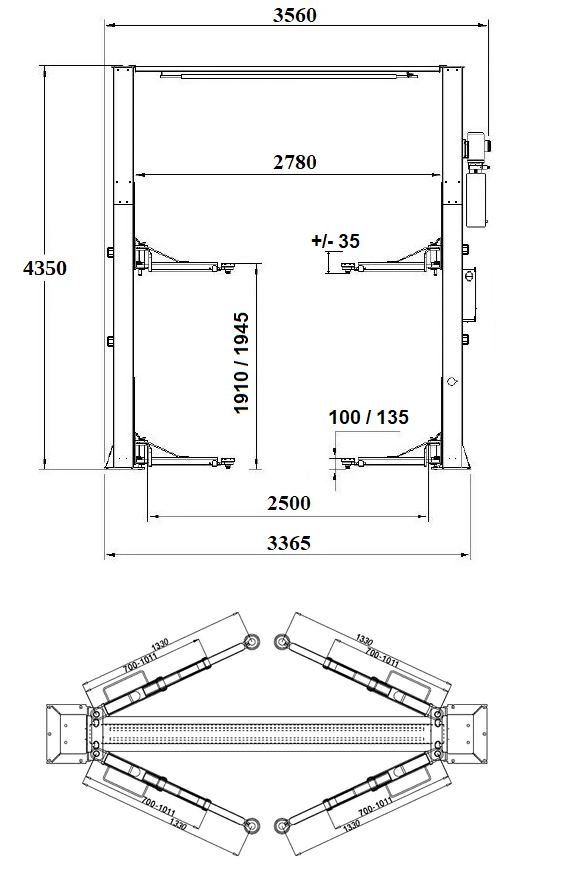 Dimensions du pont 2 colonnes sans embase REDATS L-265 hauteur 4,35 m