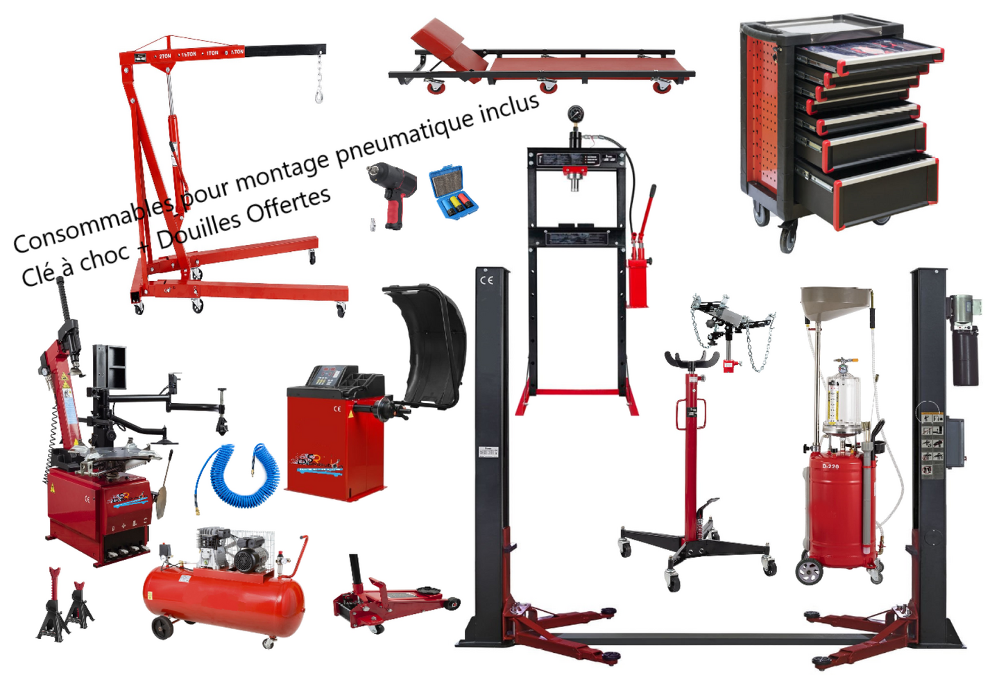 PACK GARAGISTE AVEC MACHINE A PNEU 3 BRAS COMPLET 220 VOLTS