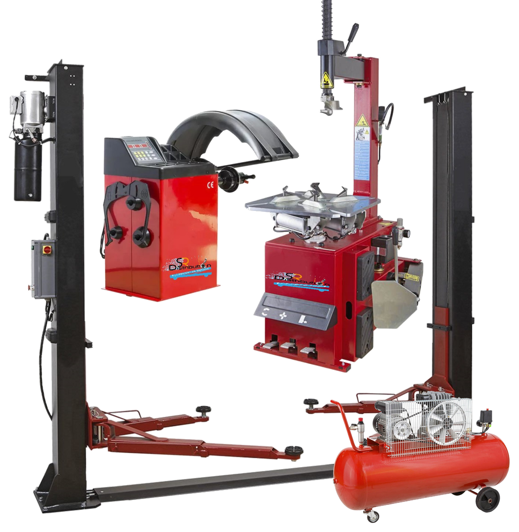 PACK MACHINE A PNEUS + ÉQUILIBREUSE DE ROUE + COMPRESSEUR + PONT ÉLÉVATEUR 220 2 COLONNES VOLTS