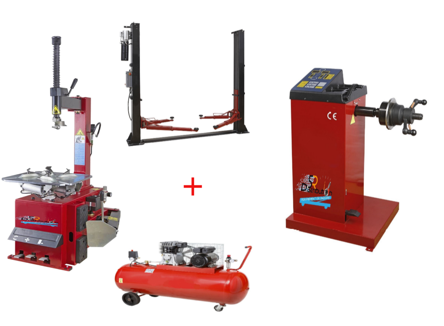 PACK MACHINE A PNEUS + ÉQUILIBREUSE DE ROUE MANUELLE + COMPRESSEUR + PONT ÉLÉVATEUR 2 COLONNES