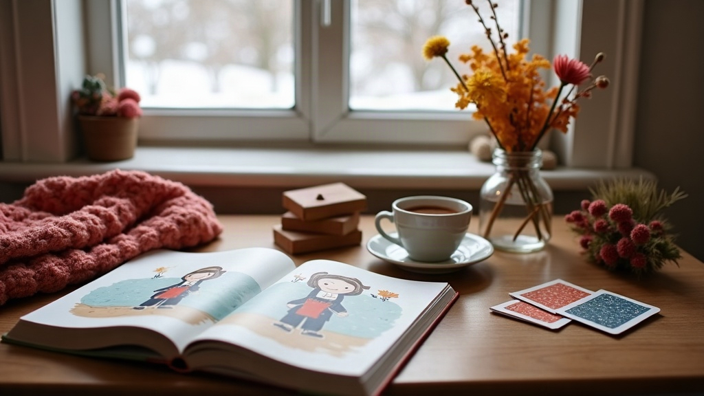 Livre illustré ouvert, cartes de jeu et petit bouquet sur un bureau près d'une fenêtre en hiver