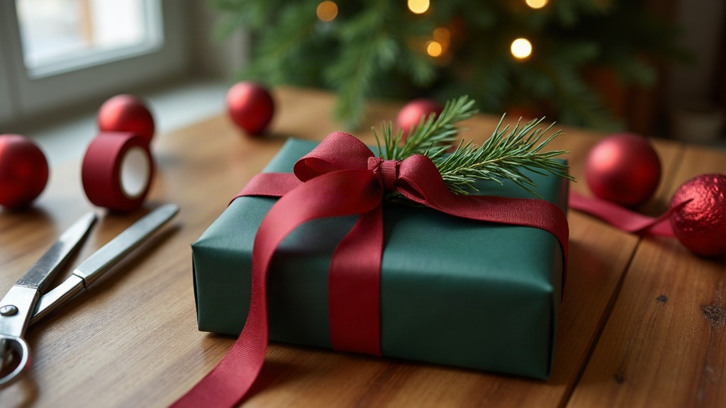 Paquet cadeau vert à ruban rouge sur une table en bois, ciseaux et boules de Noël