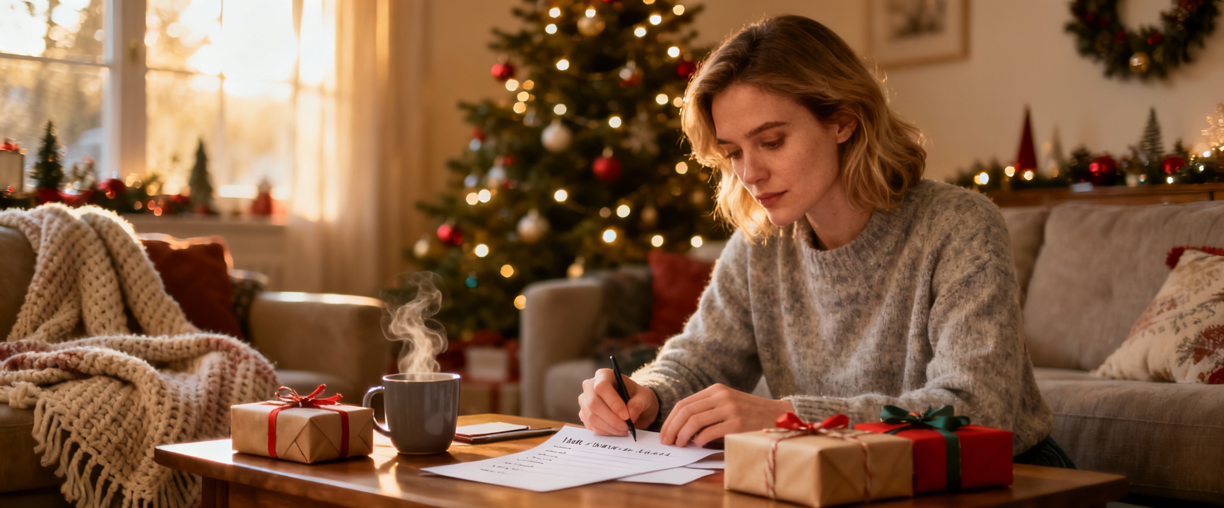 femme organisee devant cadeaux et sapin
