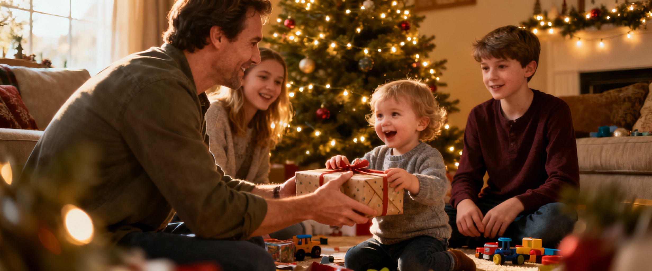 famille joyeuse autour du sapin de noel