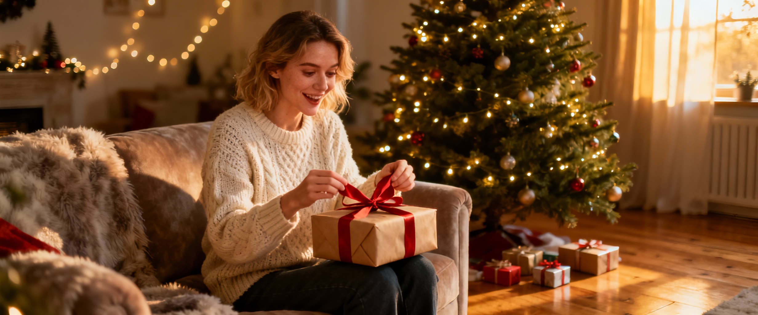 femme recoit un cadeau de noel cosy