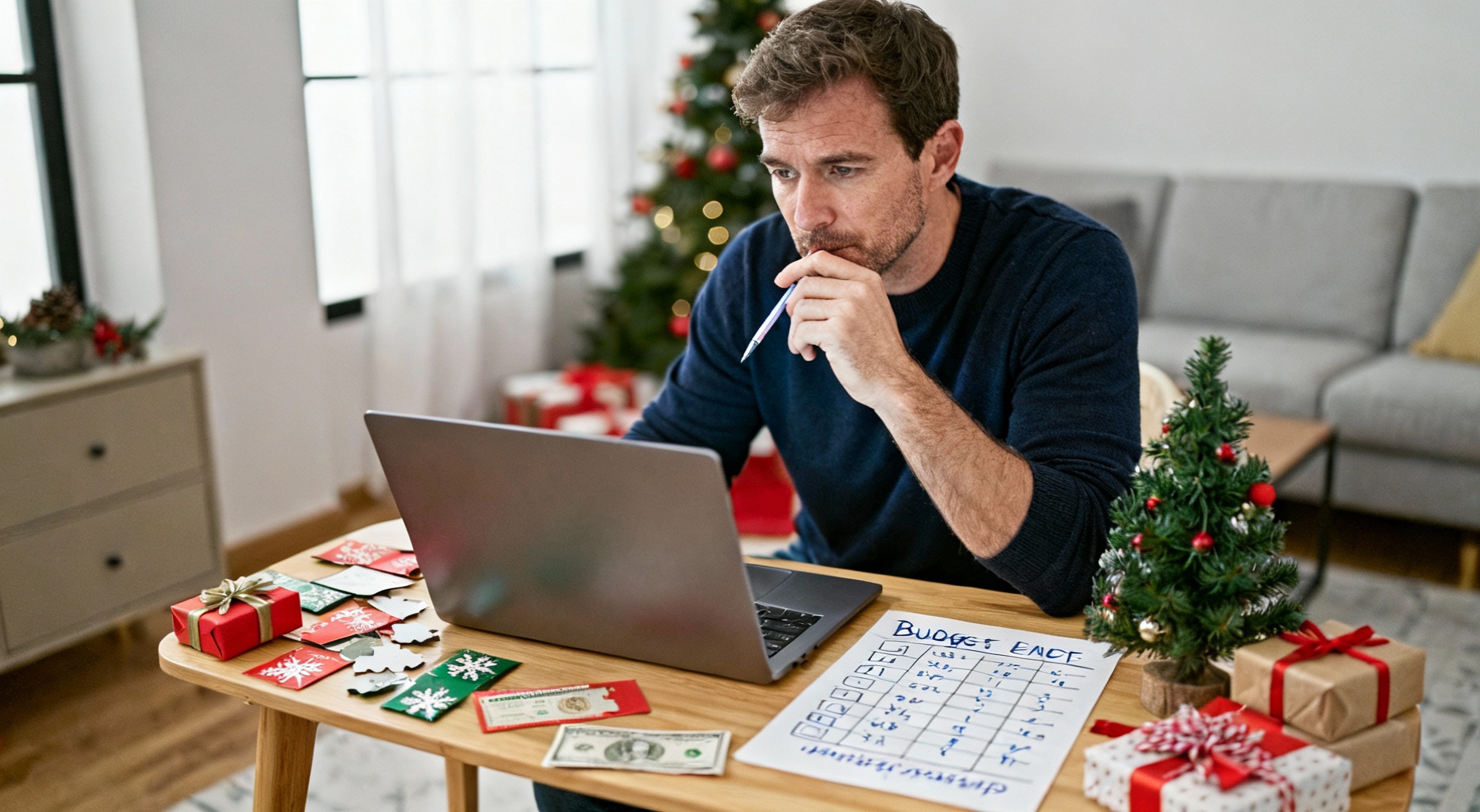 homme reflechissant a des cadeaux