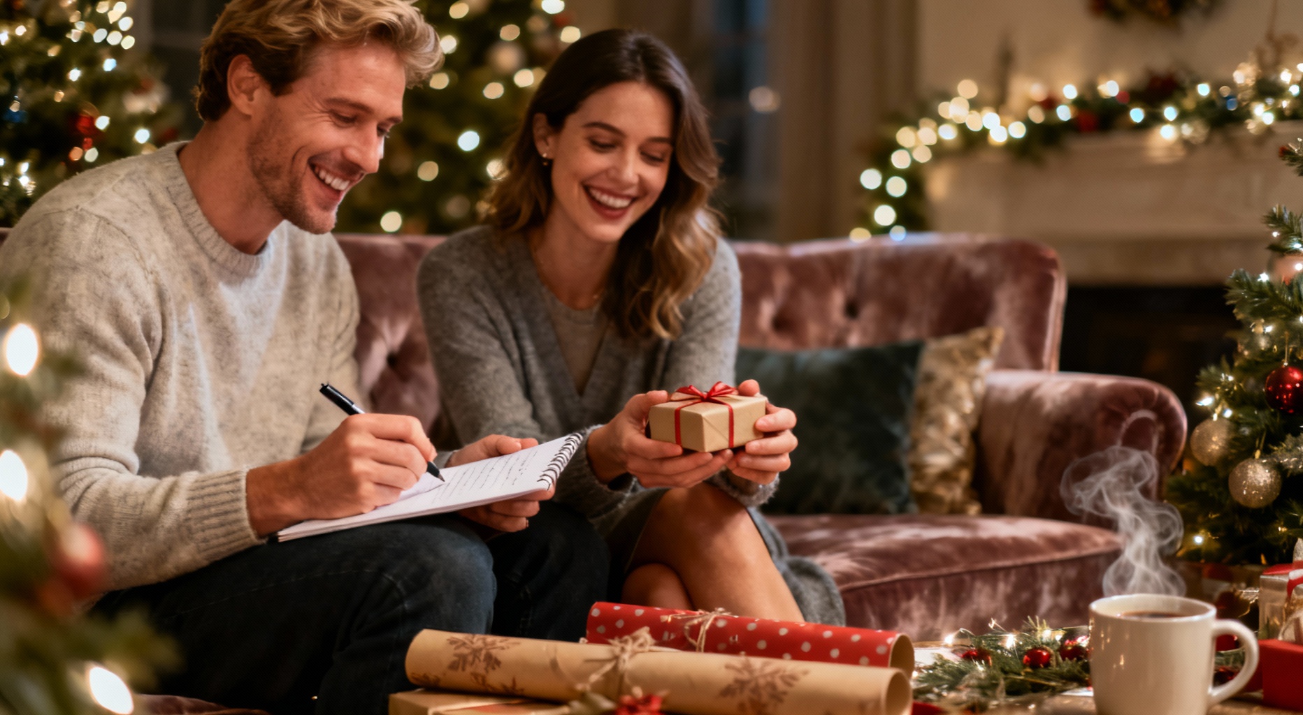couple echangeant des cadeaux de noel