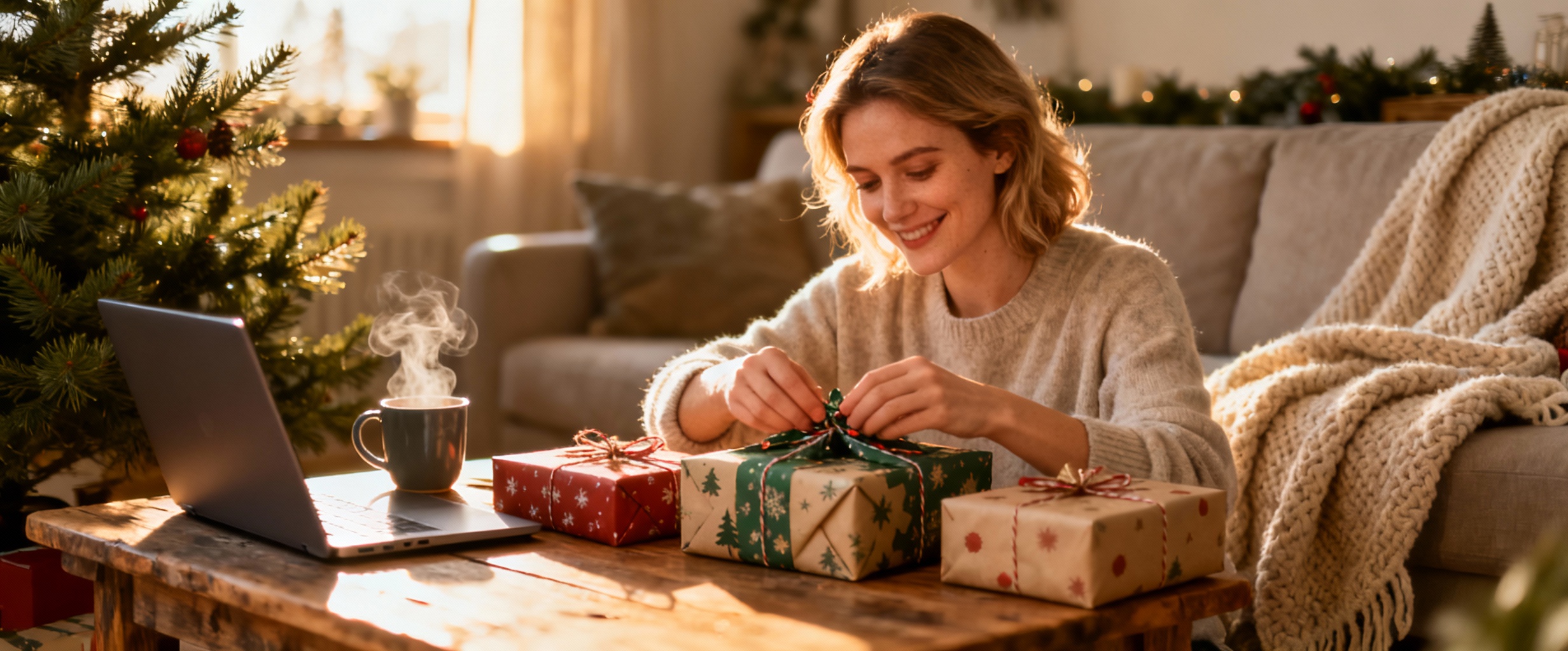 cadeaux de noel emballes sur table