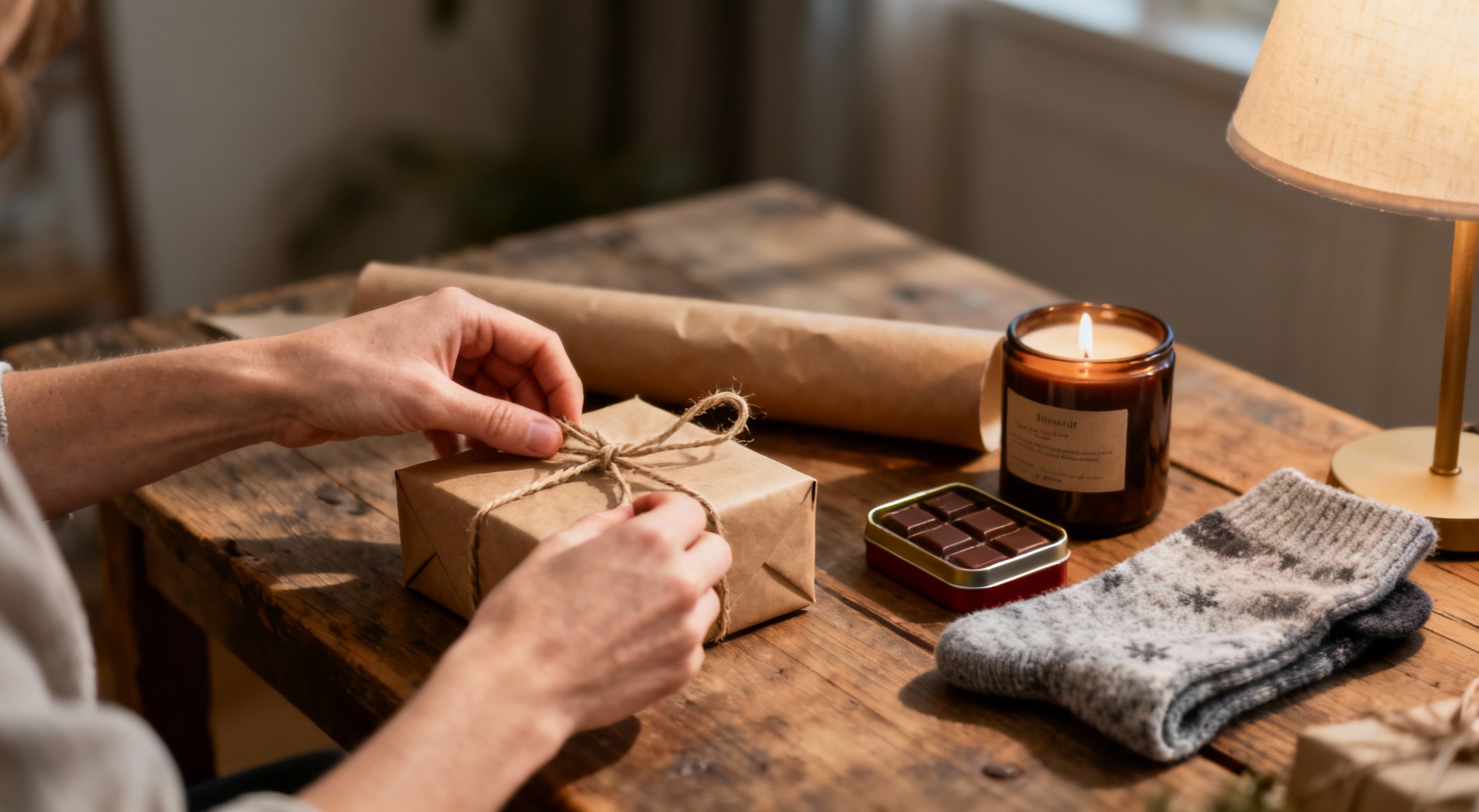 emballage cadeau sur table rustique