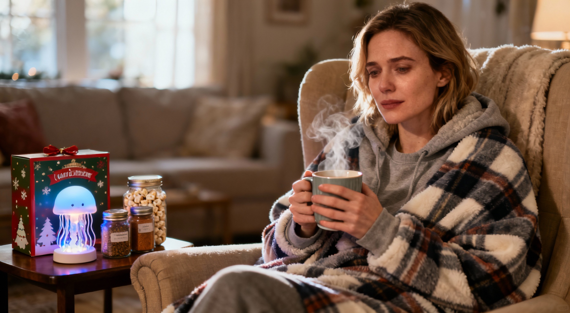 femme sereine dans salon cosy