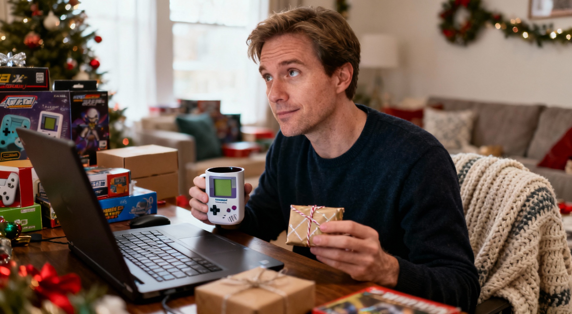 homme geek devant ordinateur et cadeaux