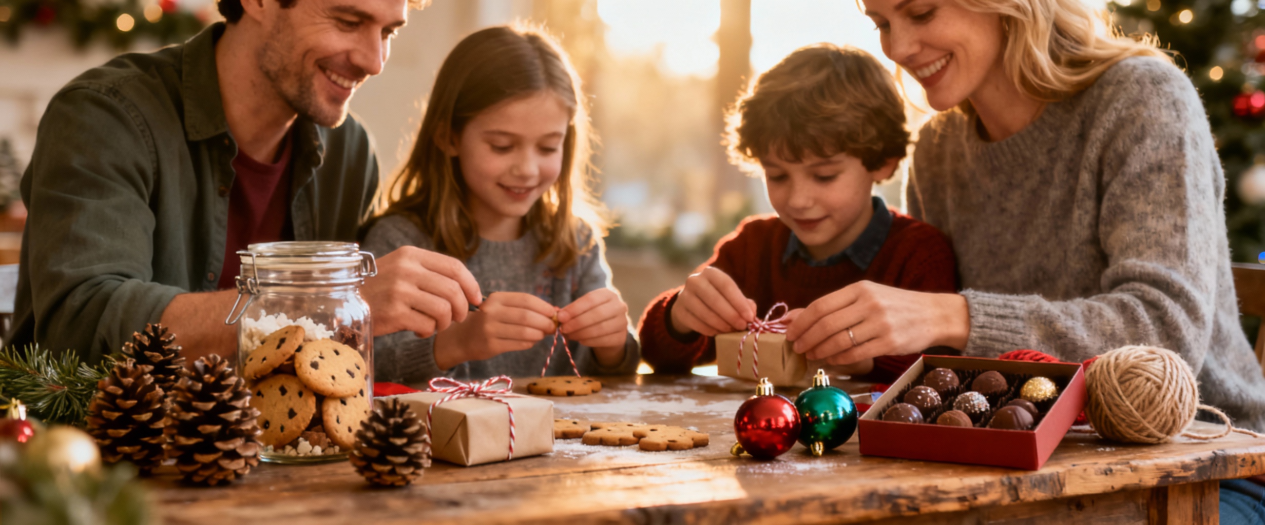 famille autour de cadeaux de noel